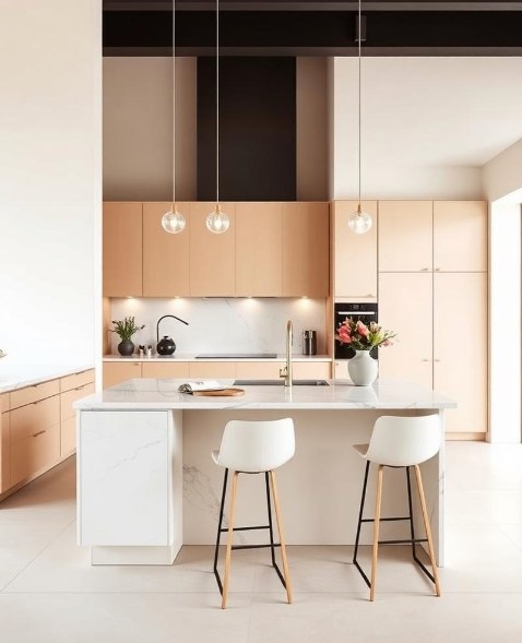 Dapur hangat dengan island putih dan kabinet kayu
