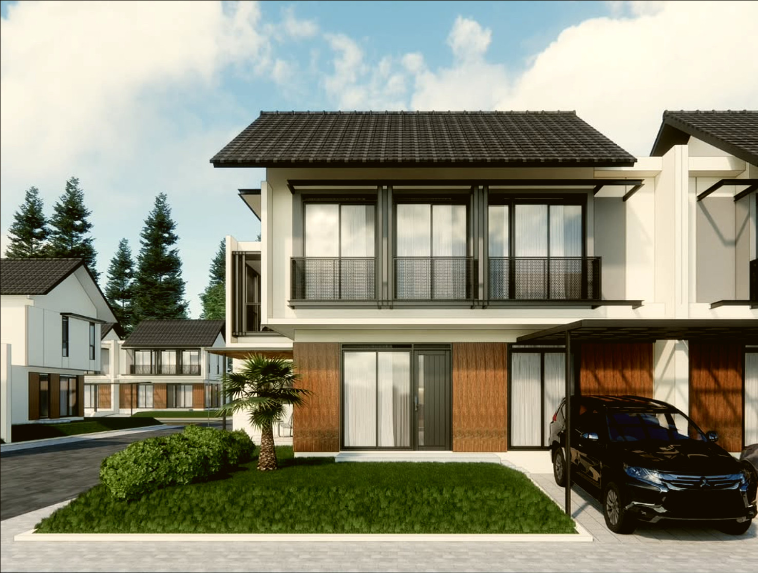Fasad rumah modern Casadea dengan material kayu dan atap gelap